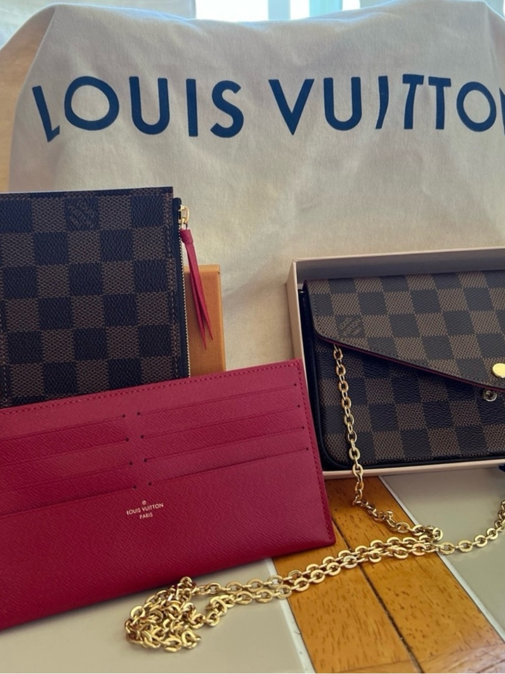 Louis Vuitton Pink Card Holder with Damier Ebene Chain Wallet